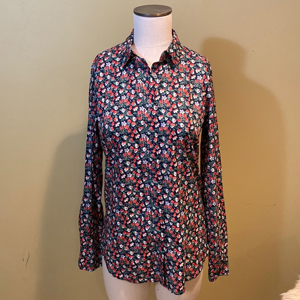 J. Crew Navy Floral Button-Up Blouse
